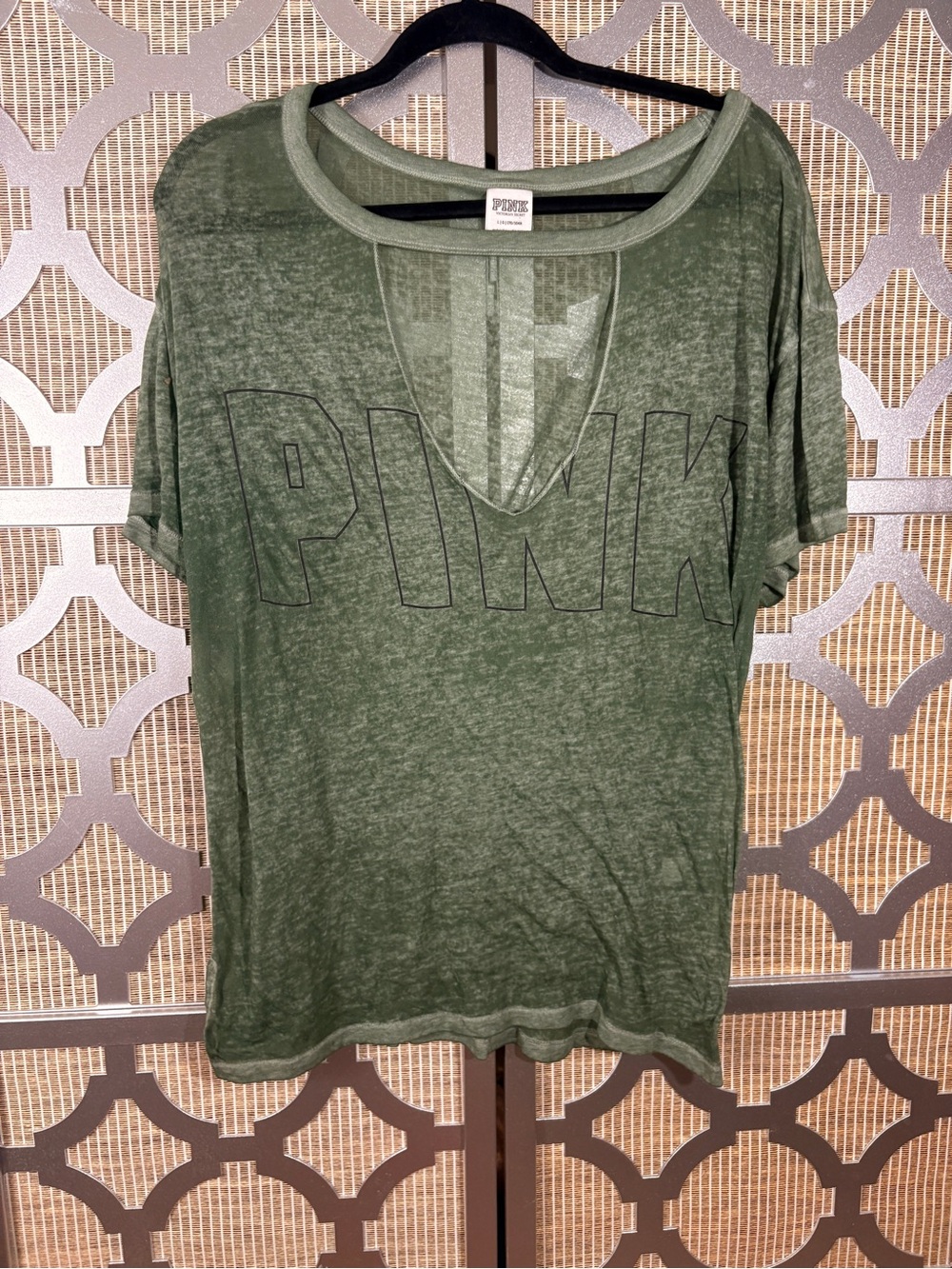 PINK Victoria's Secret Olive Green V‑Notch Short Sleeve Tee